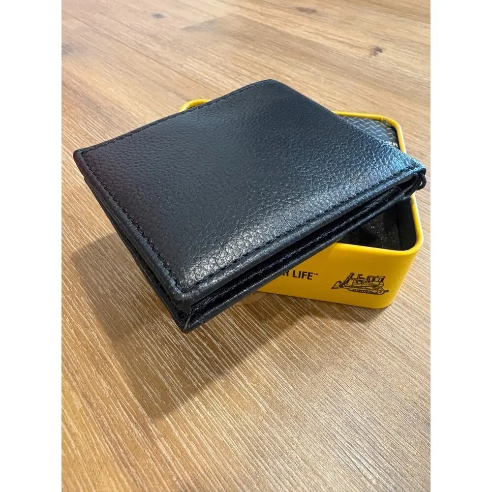 Mens CATERPILLAR CAT Black 100% Genuine Leather RFID Wallet Tin Gift NEW